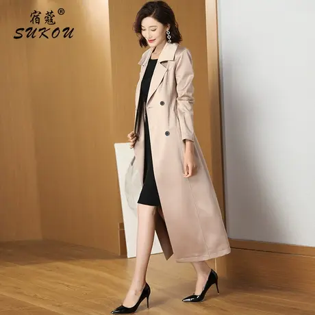杏色长款风衣女过膝气质收腰2023春装新款英伦风显瘦修身显瘦外套商品大图
