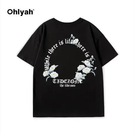 Ohlyah美式植物圆圈字母花朵印花无性别短袖T恤男女宽松街头上衣商品大图