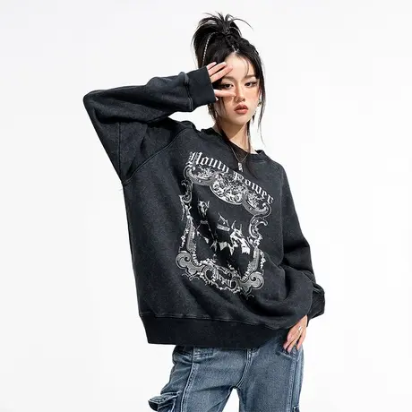 YEP美式复古圆领卫衣女秋炒雪花薄款宽松bf水洗做旧长袖上衣ins潮商品大图