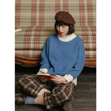 omont蛋挞家 复古撞色长袖套头半高领毛衣女2021新款学生冬季图片