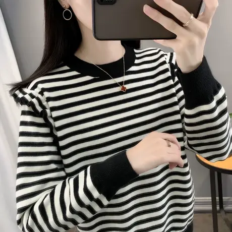 泡泡袖圆领毛衣女2023秋装新款宽松外穿上衣内搭打底衫条纹针织衫商品大图