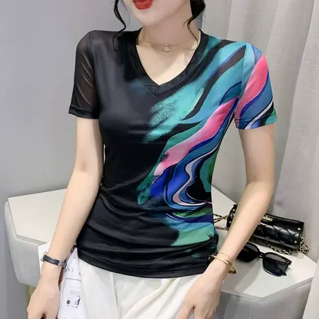 欧货T恤女短袖2023夏季新款时尚印花设计感小众网纱上衣洋气小衫商品大图