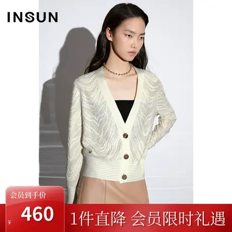 恩裳COVER2023年春款新款斑马纹超细亮丝提花大V领羊毛混纺针织衫商品大图