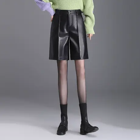 时尚短裤高腰显瘦直筒PU皮裤秋冬季2023新款休闲裤韩版五分阔腿裤商品大图