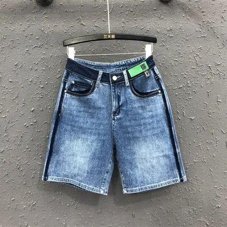 欧货休闲撞色牛仔五分裤女潮2023夏季新款宽松显瘦直筒裤高腰短裤图片