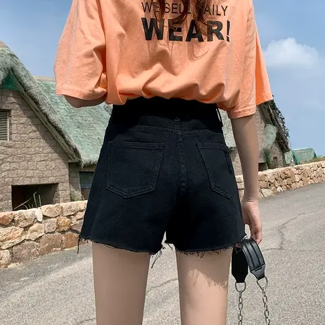 黑色破洞牛仔短裤女秋薄款2023新款高腰显瘦小个子a字辣妹热裤子商品大图