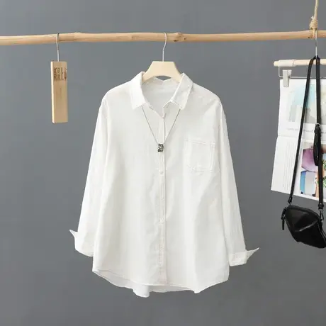 韩版时尚明线装饰白衬衫女长袖春装新款外穿内搭休闲衬衣宽松上衣图片