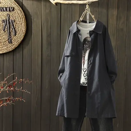 枫谜2019年秋装新款文艺复古中长款风衣外套女韩版休闲宽松上衣图片