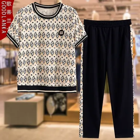 中年妈妈夏季短袖t恤休闲套装大码宽松时尚撞色九分裤运动两件套商品大图