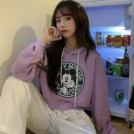 waitmore短款卫衣女春秋薄款宽松韩版潮ins上衣bf慵懒风连帽外套商品大图