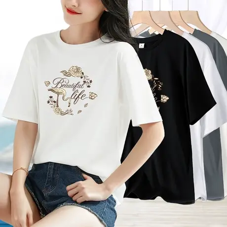 2023夏季新款天丝白色设计感印花短袖t恤女韩版宽松百搭上衣女潮图片
