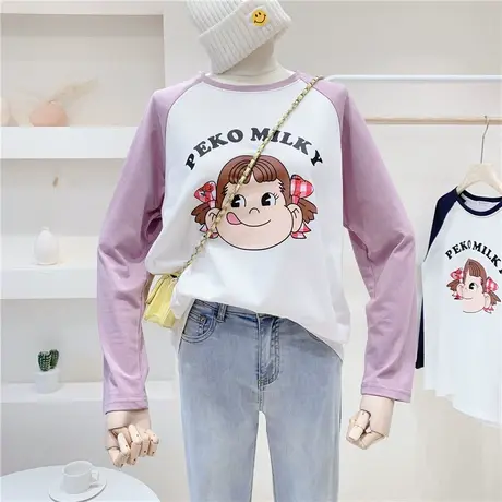 长袖t恤女2021早秋新款韩国东大门小女孩可爱插肩袖宽松打底上衣商品大图