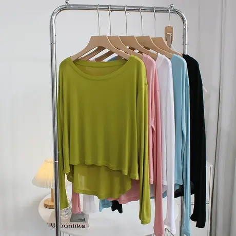 设计感柔软莫代尔t恤女春宽松薄款防晒衣长袖前短后长舞蹈服上衣商品大图