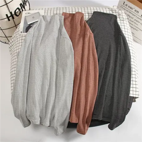 条纹长袖t恤学生洋气2023新款半高领打底衫女秋冬内搭韩版宽松潮商品大图