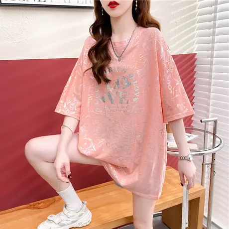 设计感小众短袖t恤女夏装韩版宽松大码中长款小个子亮闪闪上衣服图片