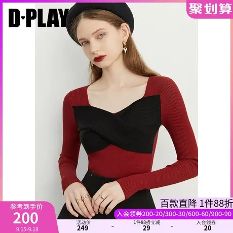 DPLAY秋装新款时尚铁锈红宫廷领立体撞色蝴蝶结修身套头毛衫商品大图