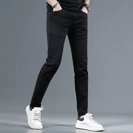 夏季2023新款牛仔裤男纯黑色潮牌弹力修身小脚时尚男士薄款裤子男商品大图