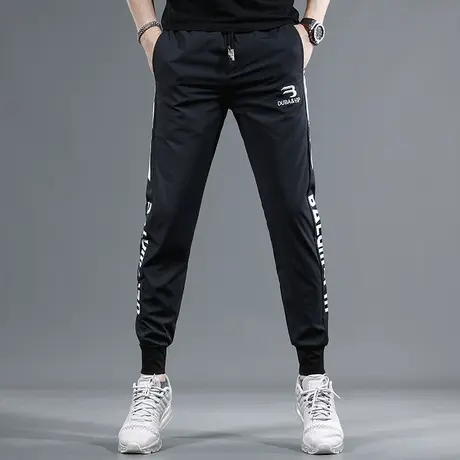 夏季冰丝休闲裤男2023新款黑色修身束脚时尚刺绣印花男士弹力裤子商品大图