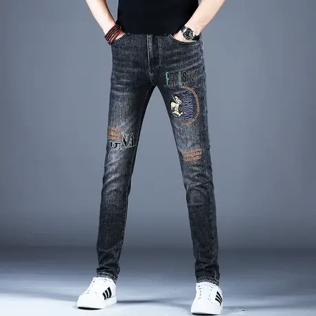 男士烟灰色刺绣牛仔裤男款秋款修身小脚弹力潮牌潮流裤子2023新款商品大图