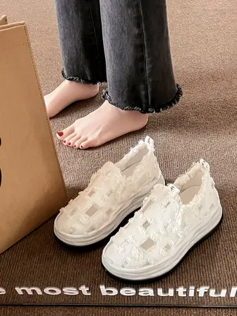 帆布鞋女2023新款夏季网面透气一脚蹬女鞋内增高配裙子老北京布鞋商品大图