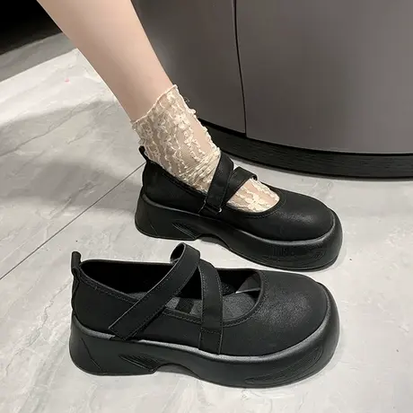 单鞋女2023年新款厚底玛丽珍鞋女春百搭魔术贴浅口单鞋黑色小皮鞋商品大图