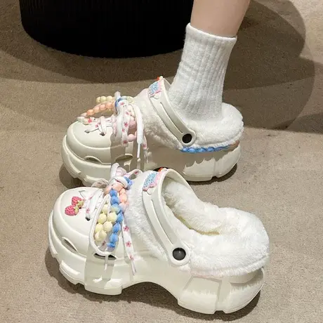 高级感洞洞鞋外穿2023秋冬加厚棉拖鞋室内家居鞋仙女风珍珠小白鞋商品大图