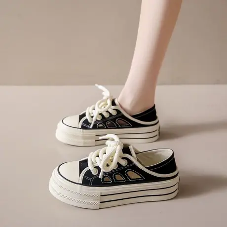 帆布鞋一鞋两穿小白鞋女厚底松糕2023秋季新款透气休闲运动鞋单鞋商品大图