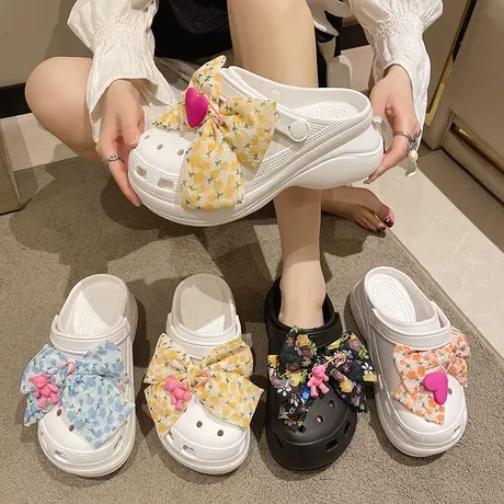 洞洞鞋女外穿2023新款夏季甜美蝴蝶结两穿厚底增高防滑包头凉拖鞋商品大图
