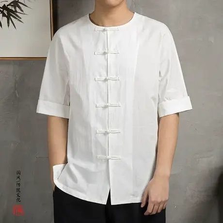 中国风薄款圆领棉麻半袖衬衫茶服男夏儒家青年中山装中式盘扣唐装图片