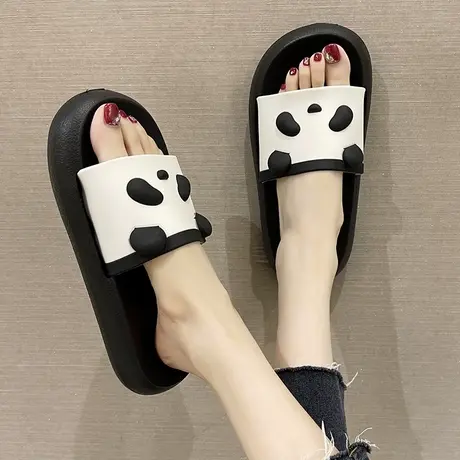 可爱熊猫一字拖女夏季网红时尚外穿厚底室内居家防滑踩屎感凉拖鞋商品大图