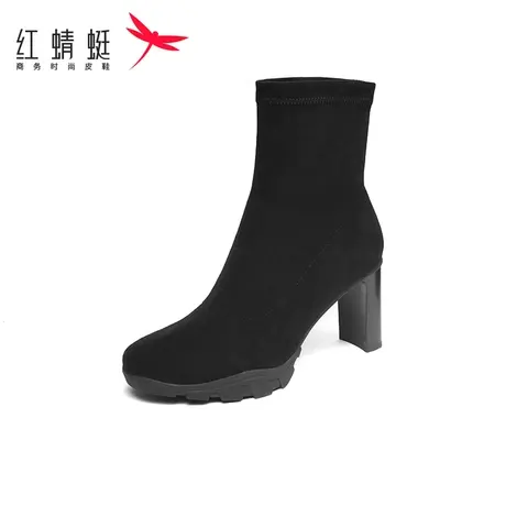 红蜻蜓粗跟弹力靴女2022冬季新款女鞋黑色高跟短筒靴显瘦优雅袜靴商品大图