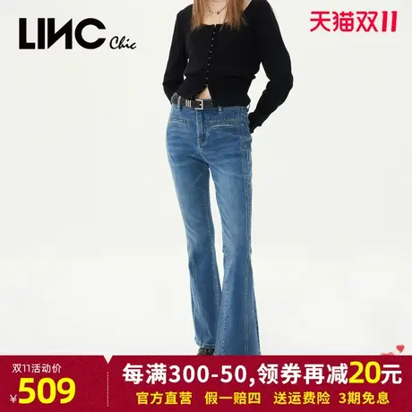 LINC金羽杰牛仔裤女2023年秋季新款复古蓝色中高腰女士微喇裤长裤商品大图