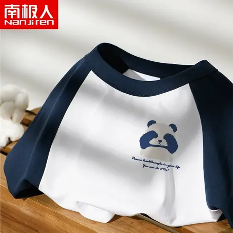 熊猫长袖t恤男款秋季复古拼接插肩圆领纯棉卡通青少年潮流打底衫商品大图