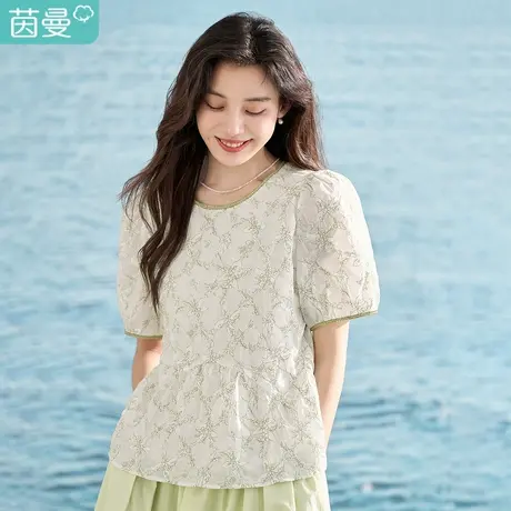 【商场同款】茵曼清新衬衫2023夏女装新款织带圆领宽松小衫上衣图片
