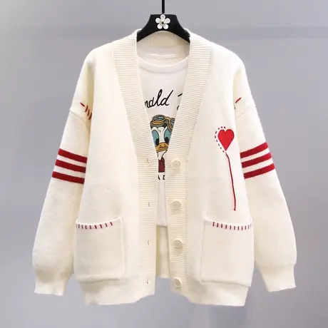 日系爱心毛衣外套女秋冬2023年新款宽松慵懒风中长款V领针织开衫商品大图