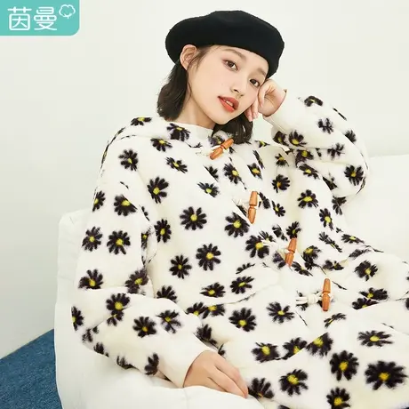 茵曼特价清仓女冬季牛角扣印花连帽休闲百搭慵懒中长款外套图片