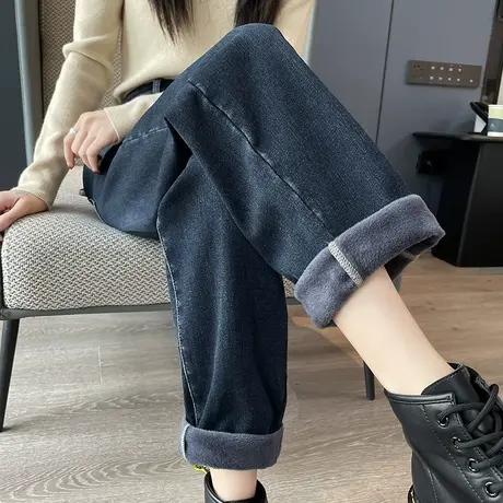 牛仔裤女直筒宽松秋冬新款高腰宽松显瘦蓝灰色加绒加厚哈伦老爹裤商品大图
