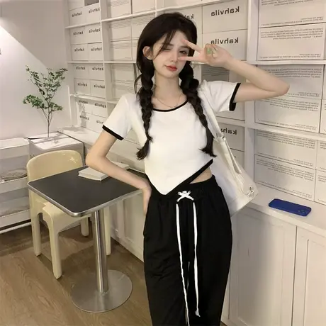 不规则撞色短袖T恤女夏季韩版2023新款ins超火的纯欲辣妹短款上衣商品大图