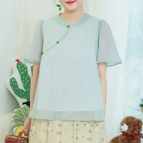 胖妹妹夏季2023新品改良旗袍短款上衣 大码微胖国风优雅短袖衬衫商品大图