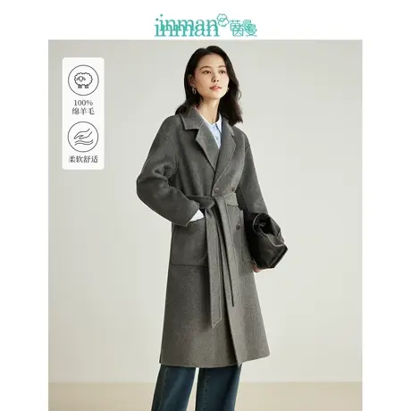茵曼100%绵羊毛双面呢大衣2023冬女装新款气质翻驳领赫本风厚外套图片