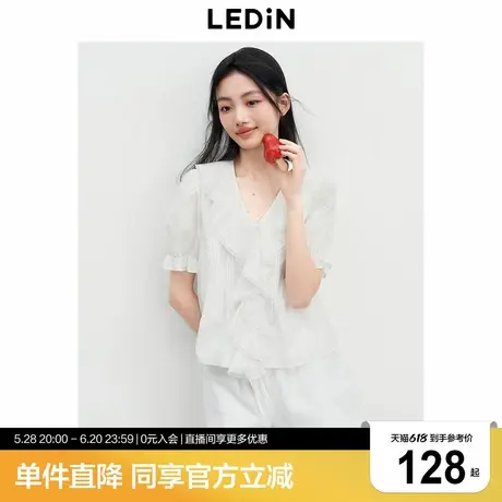乐町纯棉甜美少女泡泡袖上衣2025年夏季新款v领显瘦打揽设计短袖商品大图