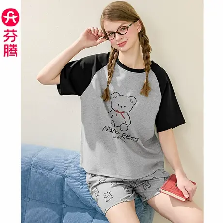 芬腾女款睡衣夏季薄款纯棉短袖短裤套装女士可外穿休闲大码家居服商品大图