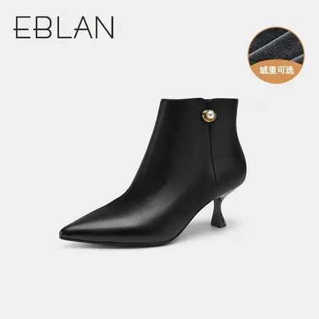 伊伴2022秋冬女鞋细跟真皮时装靴加绒保暖高跟皮靴裸靴B22507669商品大图