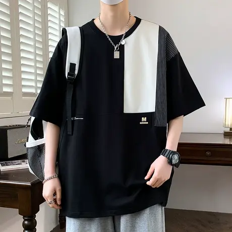 棉料短袖t恤男士夏季潮流冰丝吸汗青少年上衣服男生夏天拼接半袖商品大图