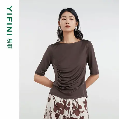 [专柜同款]Yifini/易菲一字领100%真丝修身气质针织衫修身上衣女商品大图