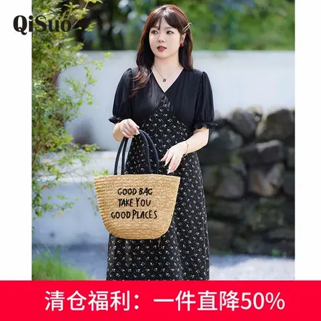 显瘦大码胖MM连衣裙2024夏装新款拼接假两件收腰遮肉A字碎花长裙商品大图
