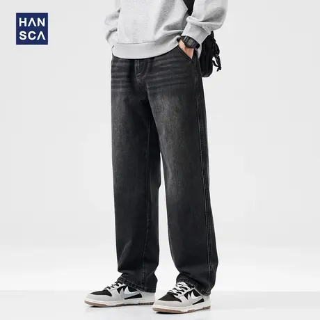 hansca黑色直筒牛仔裤男2024年秋季新款复古街头水洗磨白宽松长裤商品大图