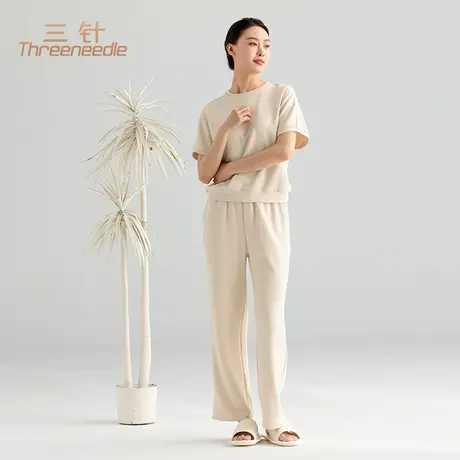 三针夏季女士休闲家居服套装2024新款短袖短裤长裤简约圆领2件套商品大图