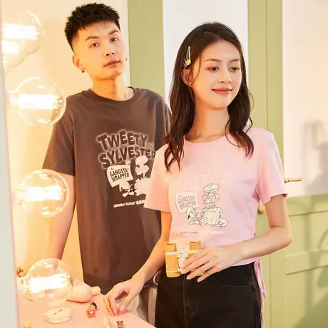 唐狮休闲印花圆领短袖T恤夏季纯棉短袖t恤情侣装前胸商品大图