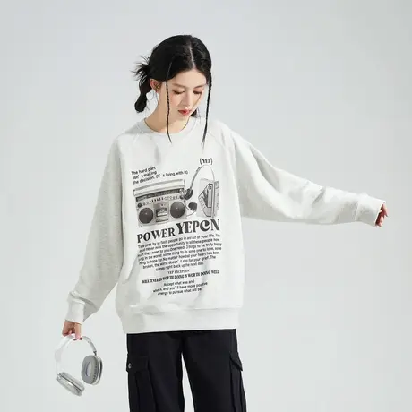 唐狮女卫衣春秋新款薄款印花圆领套头上衣宽松美式ins慵懒风商品大图